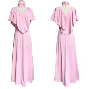 70s vintage victorian maxi dress Cape Sleeve lace cutout cottage high collar.